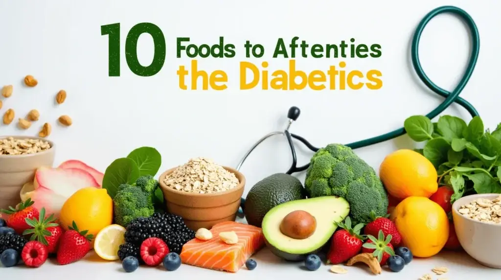 "A colorful illustration featuring healthy foods for diabetics, including berries, avocados, spinach, broccoli, quinoa, oats, salmon, and nuts, with the title '10 Best Foods to Include in a Healthy Diet for Diabetics' at the top."